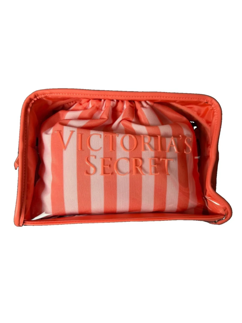 Victoria's Secret 2-Piece Beauty Travel Bag BOMBSHELL Striped Orange Zip Makeup